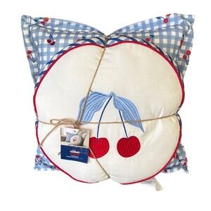 Celebrate Together Cherry Round Pillow & Blue Gingham Embroidered Pillow Set NWT